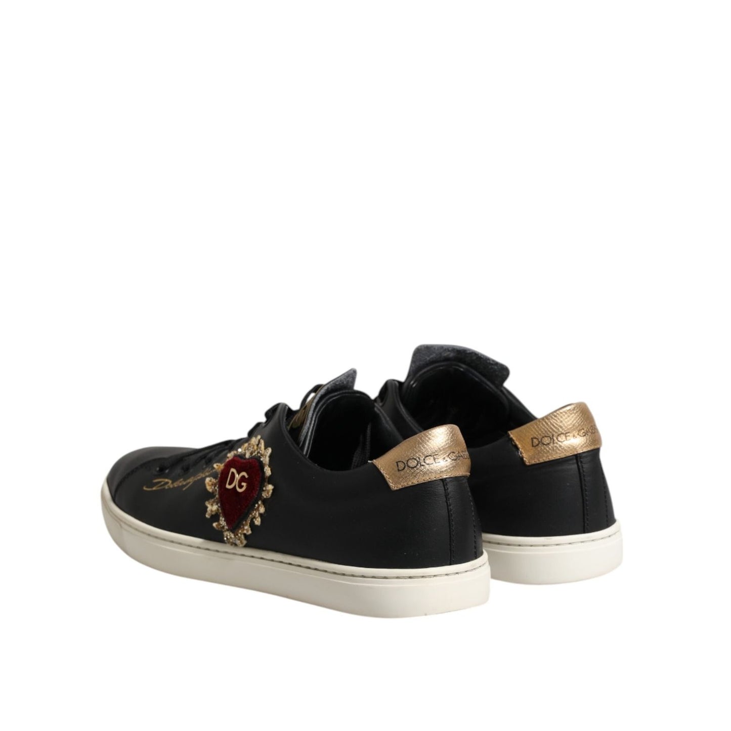 Dolce & Gabbana Black Leather Sacred Heart Sneakers Shoes LA12673-38