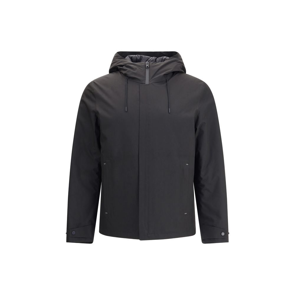 Woolrich Black Polyester Shell Jacket with adjustable hood and double-slider zipper, featuring side welt pockets for a modern look.