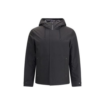 Woolrich Black Polyester Shell Jacket with adjustable hood and double-slider zipper, featuring side welt pockets for a modern look.