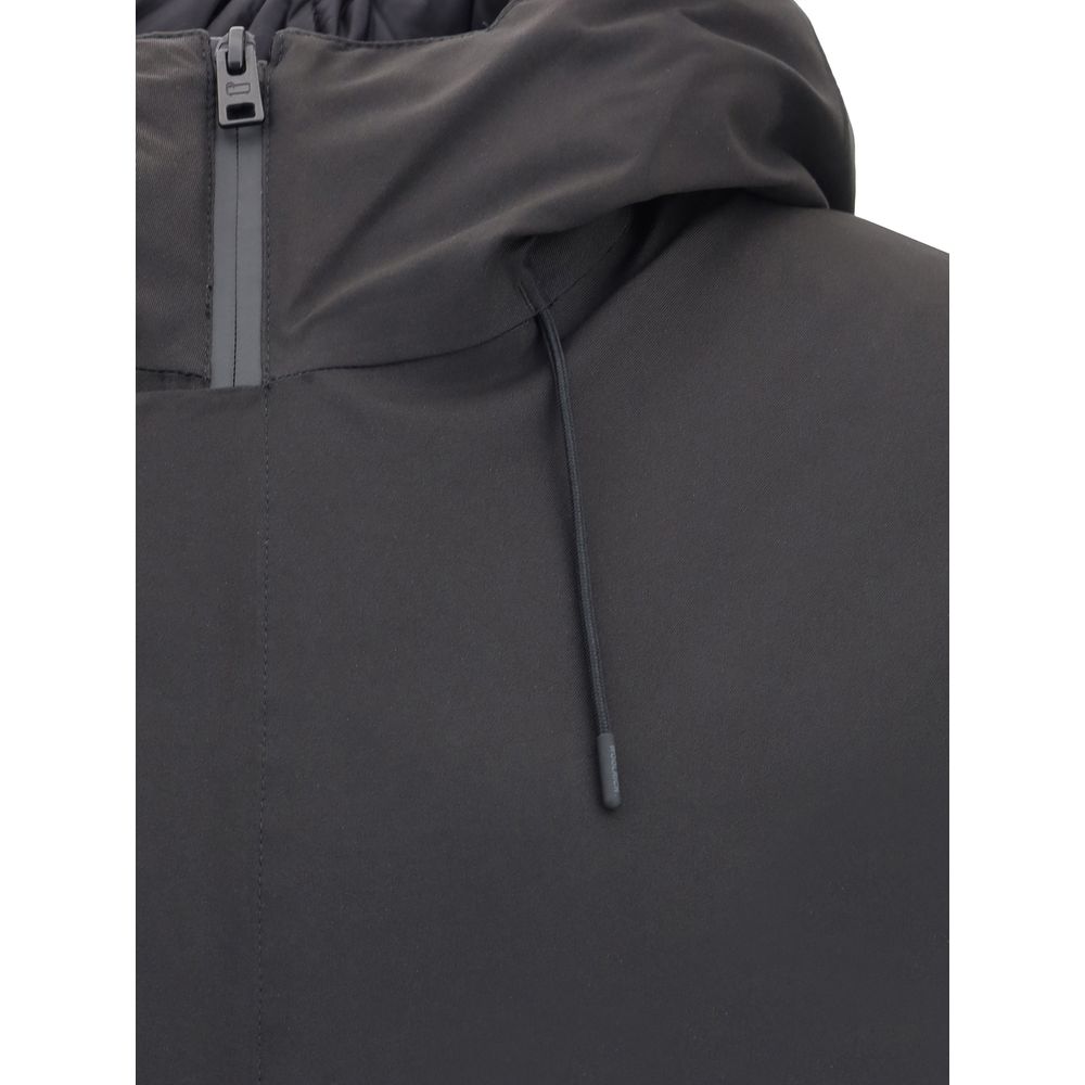 Close-up of adjustable hood on Woolrich Black Polyester Shell Jacket with double-slider zipper.