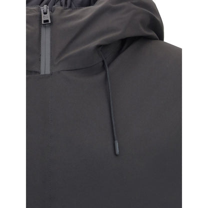 Close-up of adjustable hood on Woolrich Black Polyester Shell Jacket with double-slider zipper.