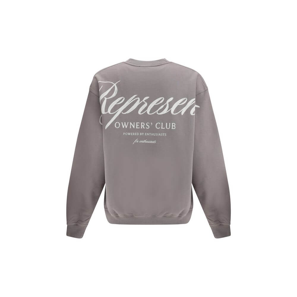 Back view of Represent Gray Cotton Sweatshirt with printed logo, ribbed hem and cuffs, showcasing urban style.