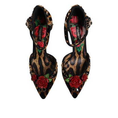 Dolce & Gabbana Brown Leopard Crystal Roses Pumps Shoes