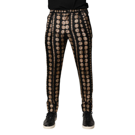 Dolce & Gabbana Black Coin Print Silk Skinny Men Trouser Pants PAN76627-48