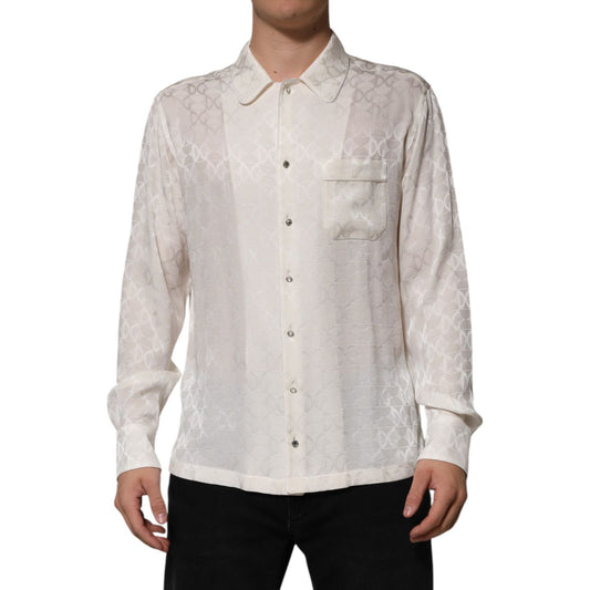 Dolce & Gabbana White Silk DG Logo Print Long Sleeves Shirt TSH90639-39