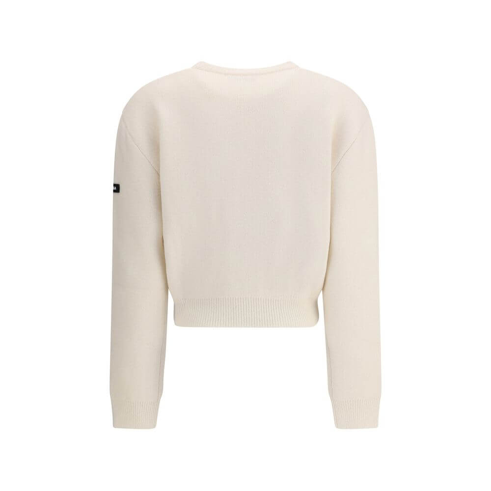 Back view of Balenciaga White Wool Sweatshirt with logo patch on sleeve, ribbed cuffs, and hem, showcasing the relaxed fit and classic design.