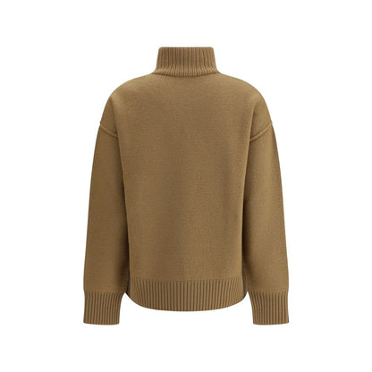 Back view of Ami Paris Brown Fleece Wool Turtleneck with ribbed cuffs and hem, perfect for a casual yet polished look, made in Portugal.