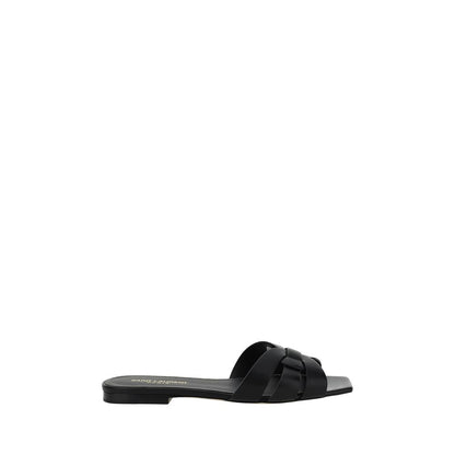 Saint Laurent Black Calf Leather Bos Taurus Flat Sandals with braided front and open square toe, AW25.