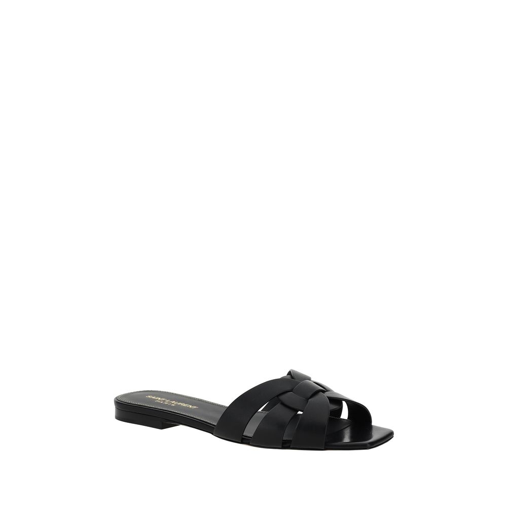 Saint Laurent Black Calf Leather Bos Taurus Flat Sandals with braided design and slight block heel. Luxury AW25 fashion footwear.