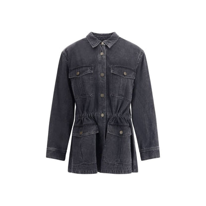 Marant Etoile Gray Cotton Denim Jacket with classic design, four front patch pockets, button closure, and elasticated waistband.