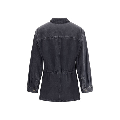 Back view of Marant Etoile Gray Cotton Denim Jacket with traditional collar and four patch pockets, showcasing casual elegance.
