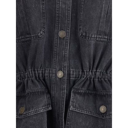 Close-up view of Marant Etoile Gray Cotton Denim Jacket button closure and pocket details, featuring a stylish and practical design.