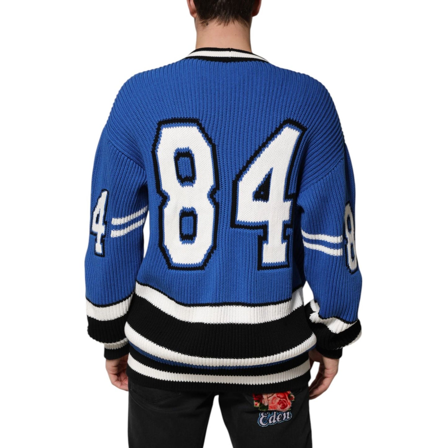 Dolce & Gabbana Blue Cotton Logo Patch Ribbed Knit Cardigan Sweater