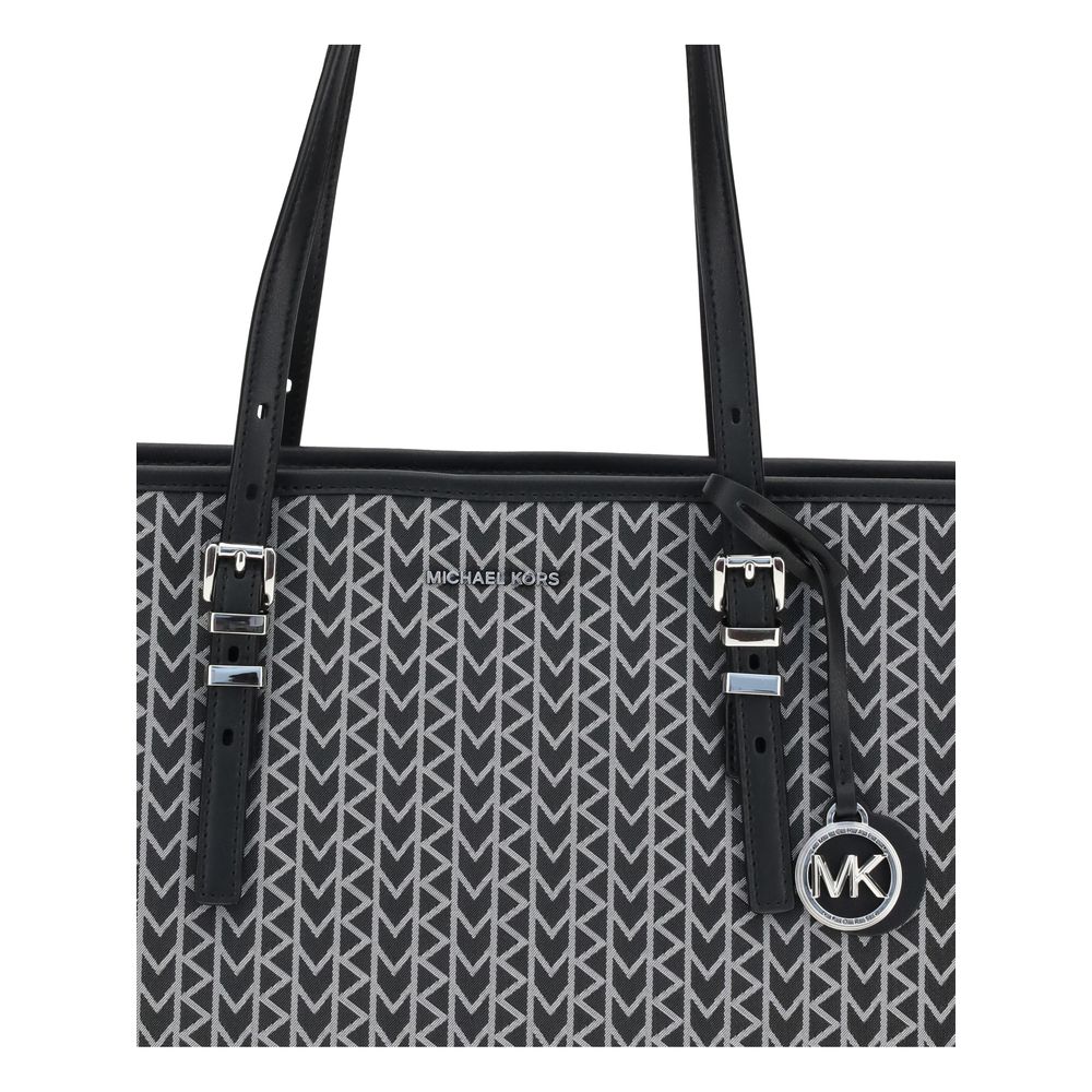 Michael Kors Black Polyester Shoulder Bag with jacquard logo and leather straps, shown in close-up with elegant design.