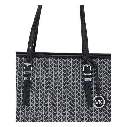 Michael Kors Black Polyester Shoulder Bag with jacquard logo and leather straps, shown in close-up with elegant design.