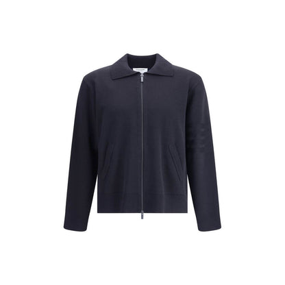 Thom Browne Blue Fleece Wool Cardigan with front zipper, ribbed cuffs, and iconic sleeve band for stylish elegance.