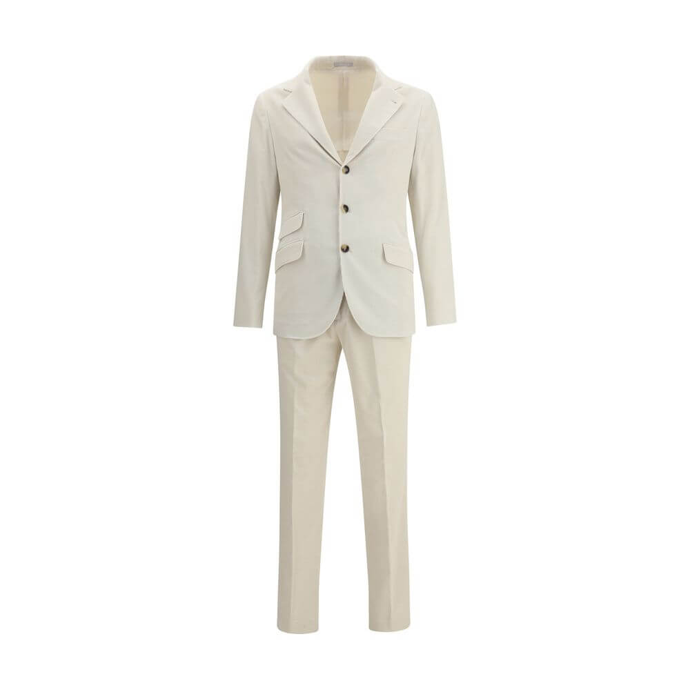 Brunello Cucinelli Cream Cotton Two-Piece Suit with blazer and trousers, elegant and sophisticated formal attire.