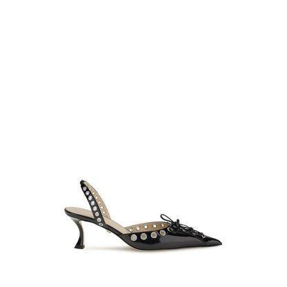 MACH & MACH Black Calf Leather Bos Taurus Lace-Up studded pumps with almond toe and kitten heel, AW25 collection, made in Italy.