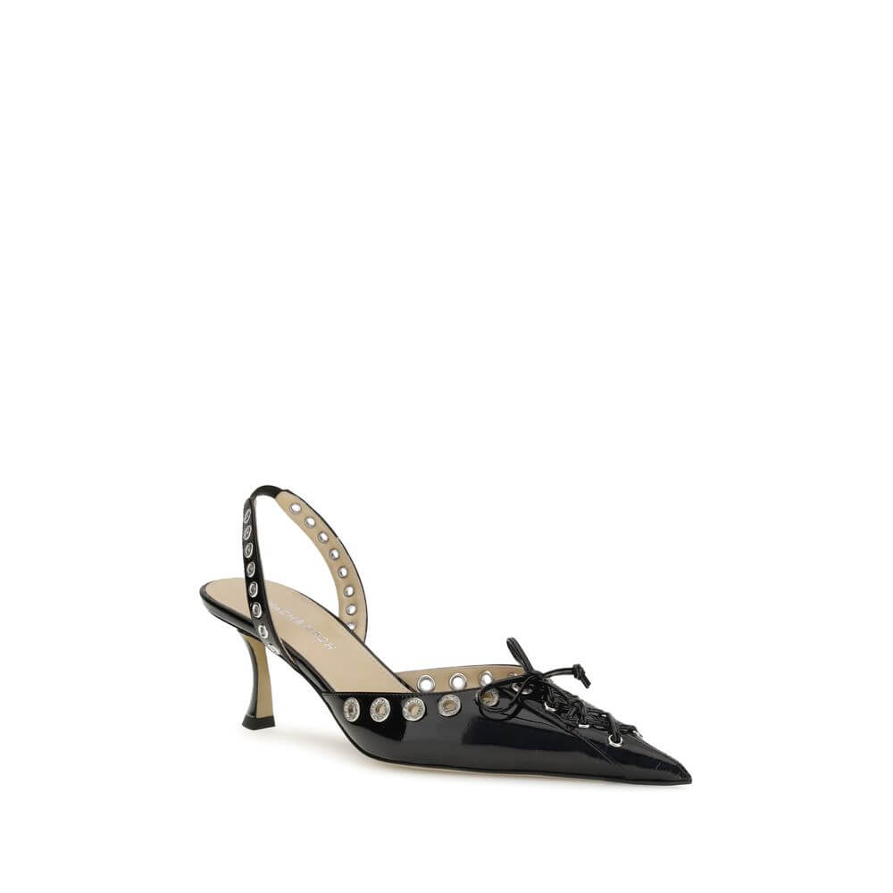 MACH & MACH Black Calf Leather Bos Taurus Lace-Up slingback pumps with studs and kitten heel, AW25.