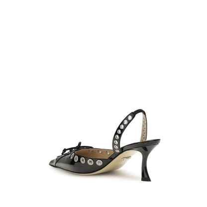 MACH & MACH Black Calf Leather Bos Taurus Lace-Up slingback pumps with studded embellishments and kitten heel, back view.