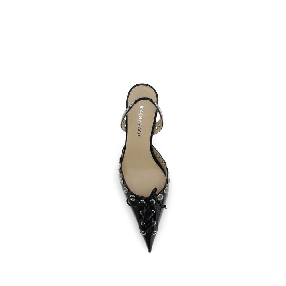 MACH & MACH Black Calf Leather Bos Taurus Lace-Up slingback pump with studs and kitten heel