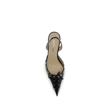 MACH & MACH Black Calf Leather Bos Taurus Lace-Up slingback pump with studs and kitten heel