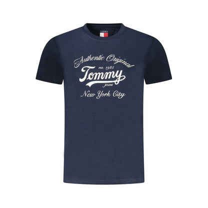 Tommy Hilfiger Blue Cotton Women T-Shirt featuring a white logo print, short sleeves, and sustainable materials for eco-conscious fashion.