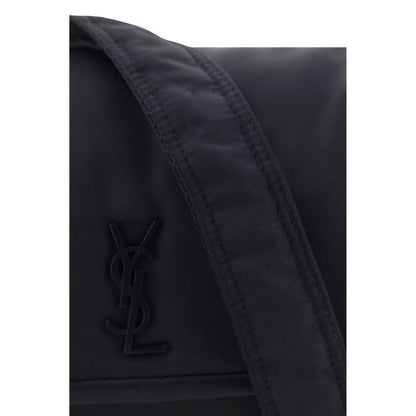 Close-up of the iconic YSL logo on a Saint Laurent Black Polyamide Shoulder Bag.