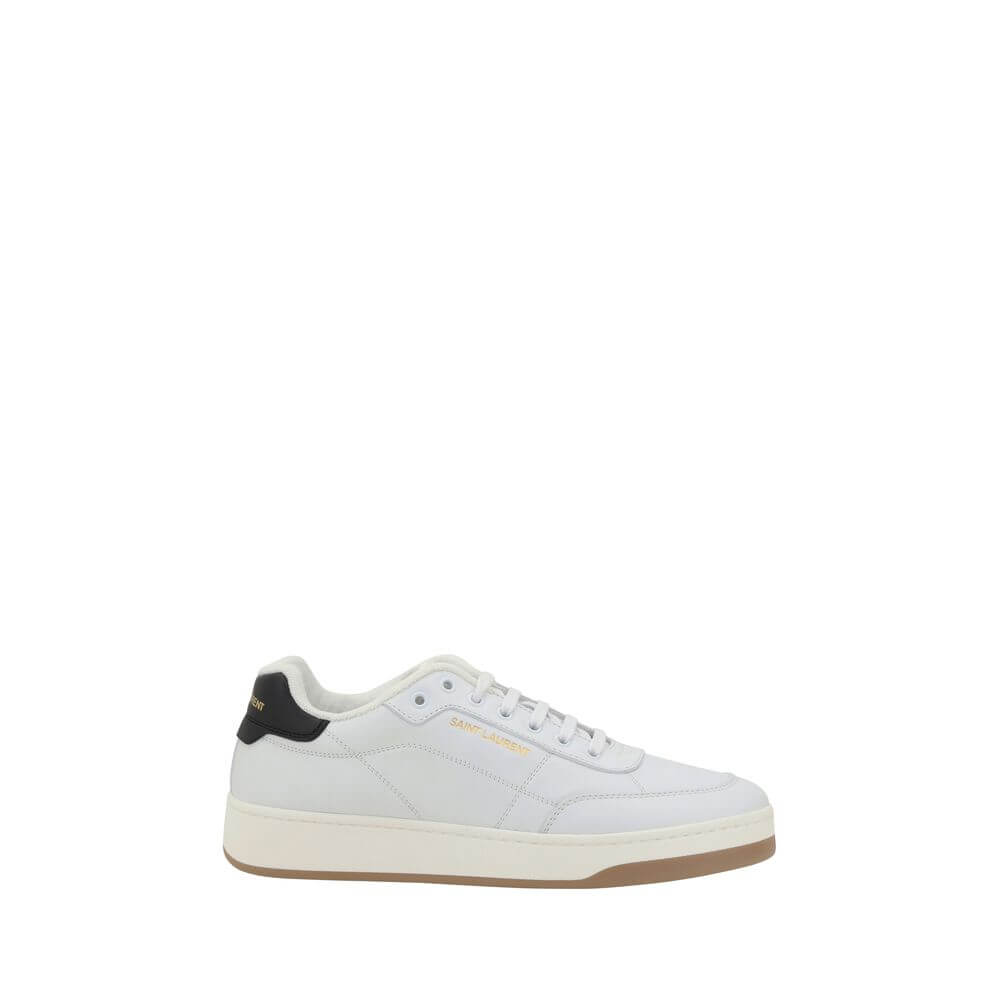 Saint Laurent White Calf Leather Bos Taurus Low Top Sneakers with monogram and contrasting heel.