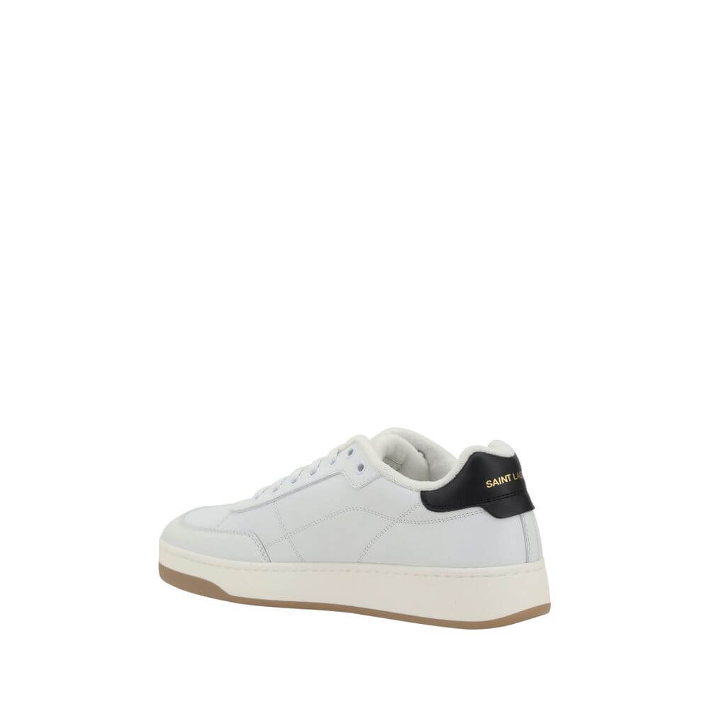 Saint Laurent White Calf Leather Bos Taurus Low Top Sneakers featuring iconic contrasting monogram and comfortable flat sole.