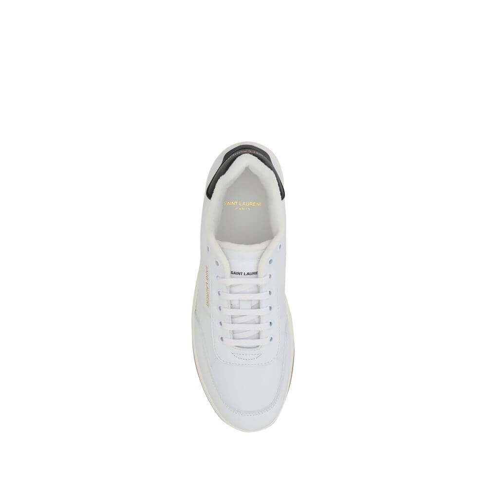 Top view of Saint Laurent White Calf Leather Bos Taurus Low Top Sneakers with monogram, round toe, and lace-up fastening.