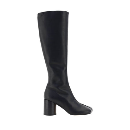 MM6 Black Calf Leather Bos Taurus Boots with iconic Tabi toe, knee-high, side zip, cylindrical heel, bold and contemporary design.