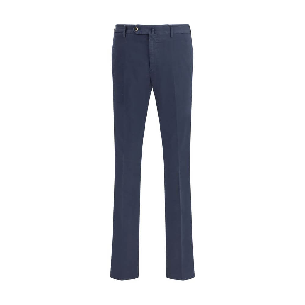 PT Torino Blue Cotton Casual Pants with front closure, side slash pockets, and back welt pockets. Ideal for casual and formal looks.