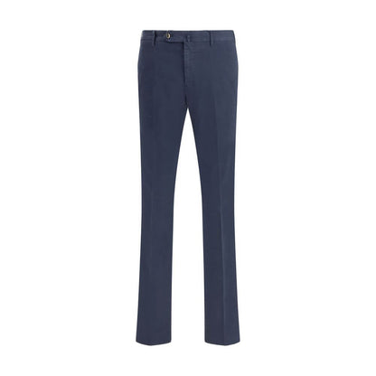 PT Torino Blue Cotton Casual Pants with front closure, side slash pockets, and back welt pockets. Ideal for casual and formal looks.