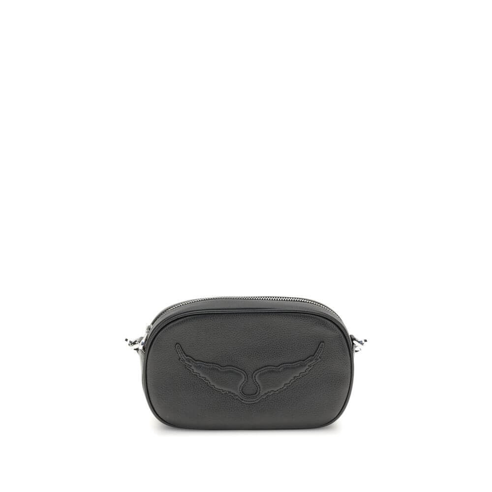 Zadig & Voltaire Black Calf Leather Bos Taurus Shoulder Bag with logo, main zipper, and detachable strap for versatile use.