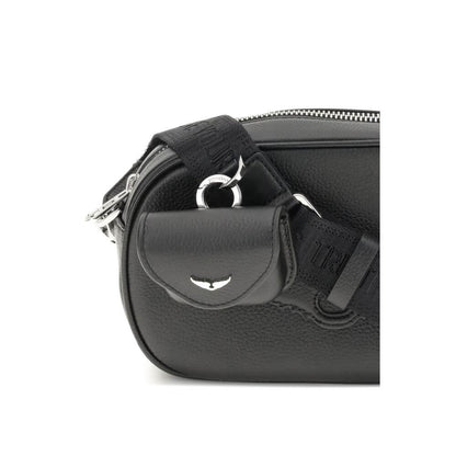 Zadig & Voltaire Black Calf Leather Bos Taurus Shoulder Bag with adjustable strap and zipper closure detail.