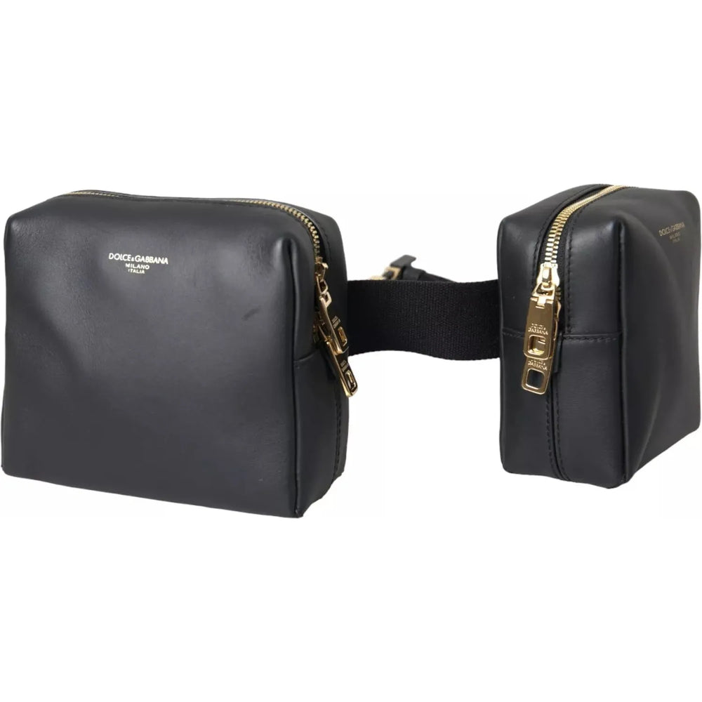 Dolce & Gabbana Black Calfskin Leather Double Waist Belt Fanny Pack Bag BAG4670