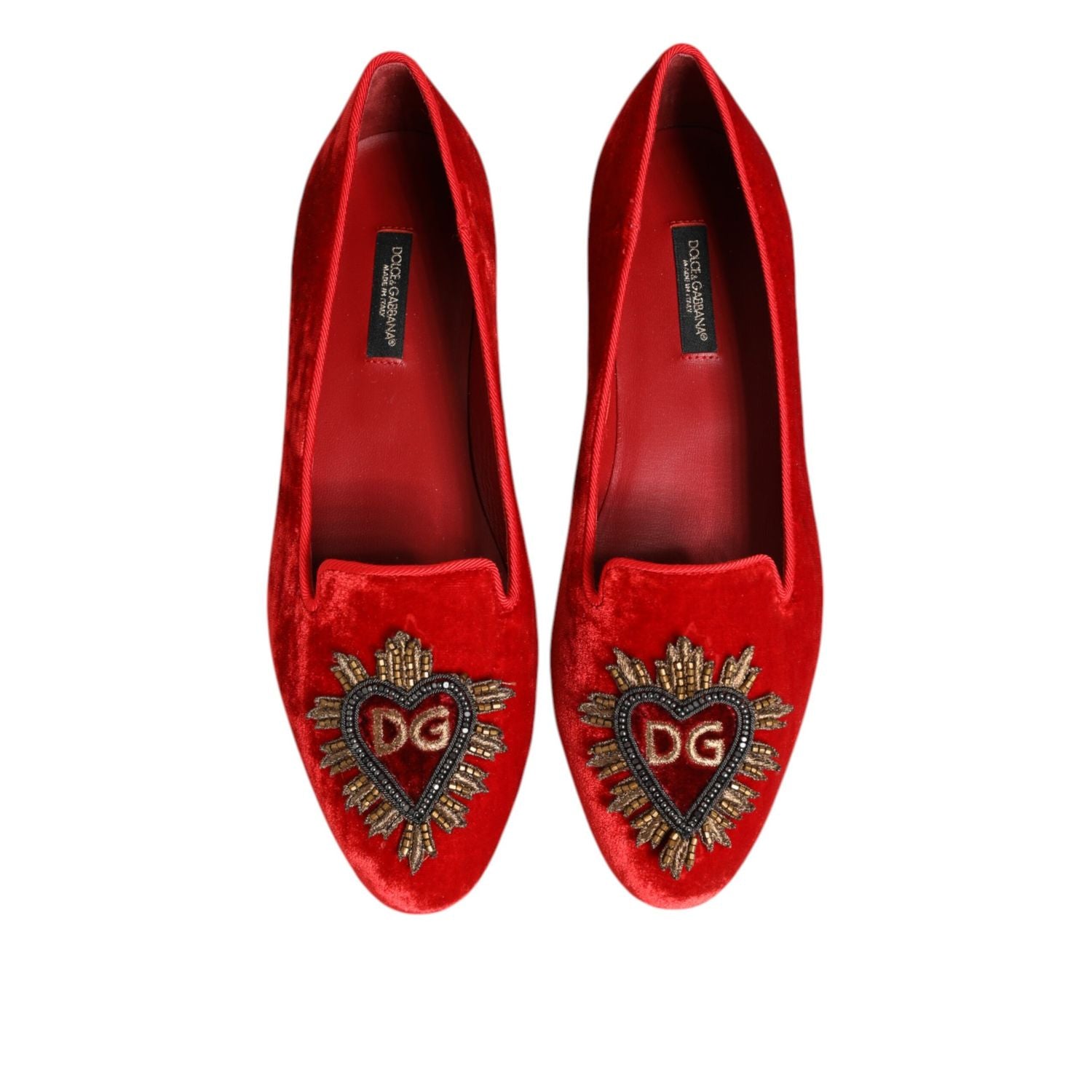 Dolce & Gabbana Red Velvet DG Heart Loafers Flat Shoes
