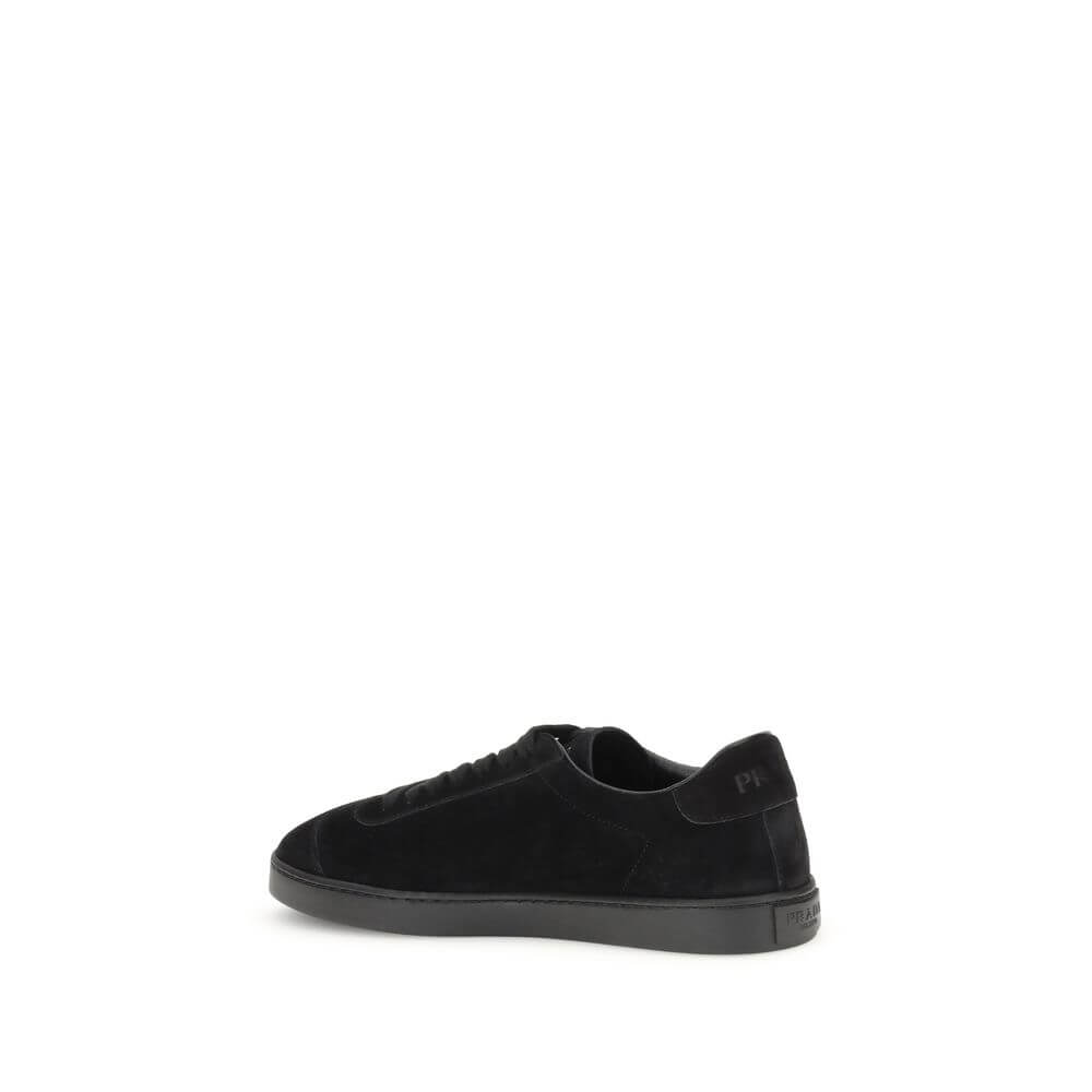 Prada Black Calf Leather Bos Taurus Low Top Sneakers, side view with suede finish and iconic logo, AW25 collection, Italian made.