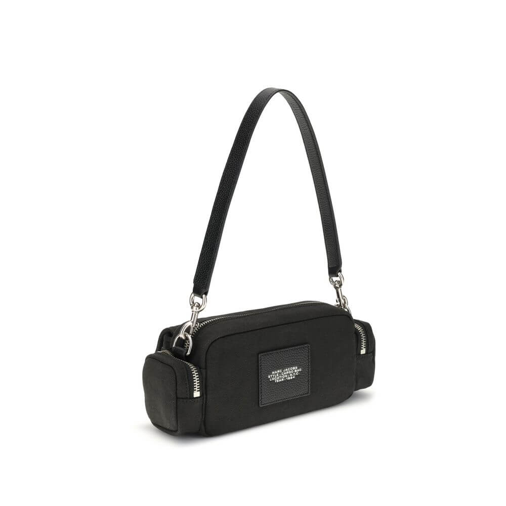 Marc Jacobs Black Canvas Shoulder Bag with logo, leather strap, and exterior pockets for AW25 season.