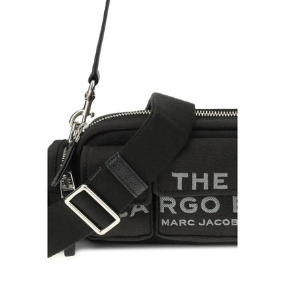 Close-up of Marc Jacobs Black Canvas Shoulder Bag showcasing logo and strap details.