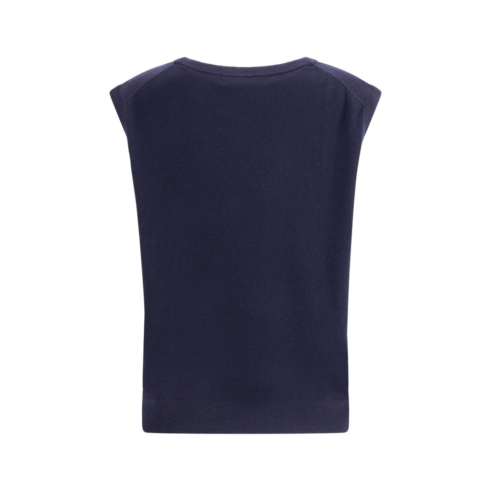 Back view of Extreme Cashmere Blue Cashmere Sleeveles Sweater with ribbed hem and neckline.