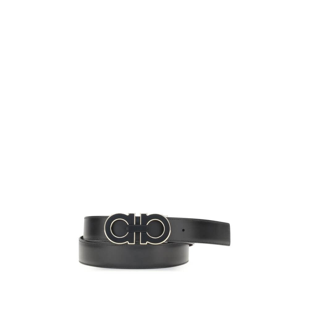 Ferragamo Black Calf Leather Bos Taurus Regular Belt with Gancini buckle, reversible and adjustable for a personalized style.