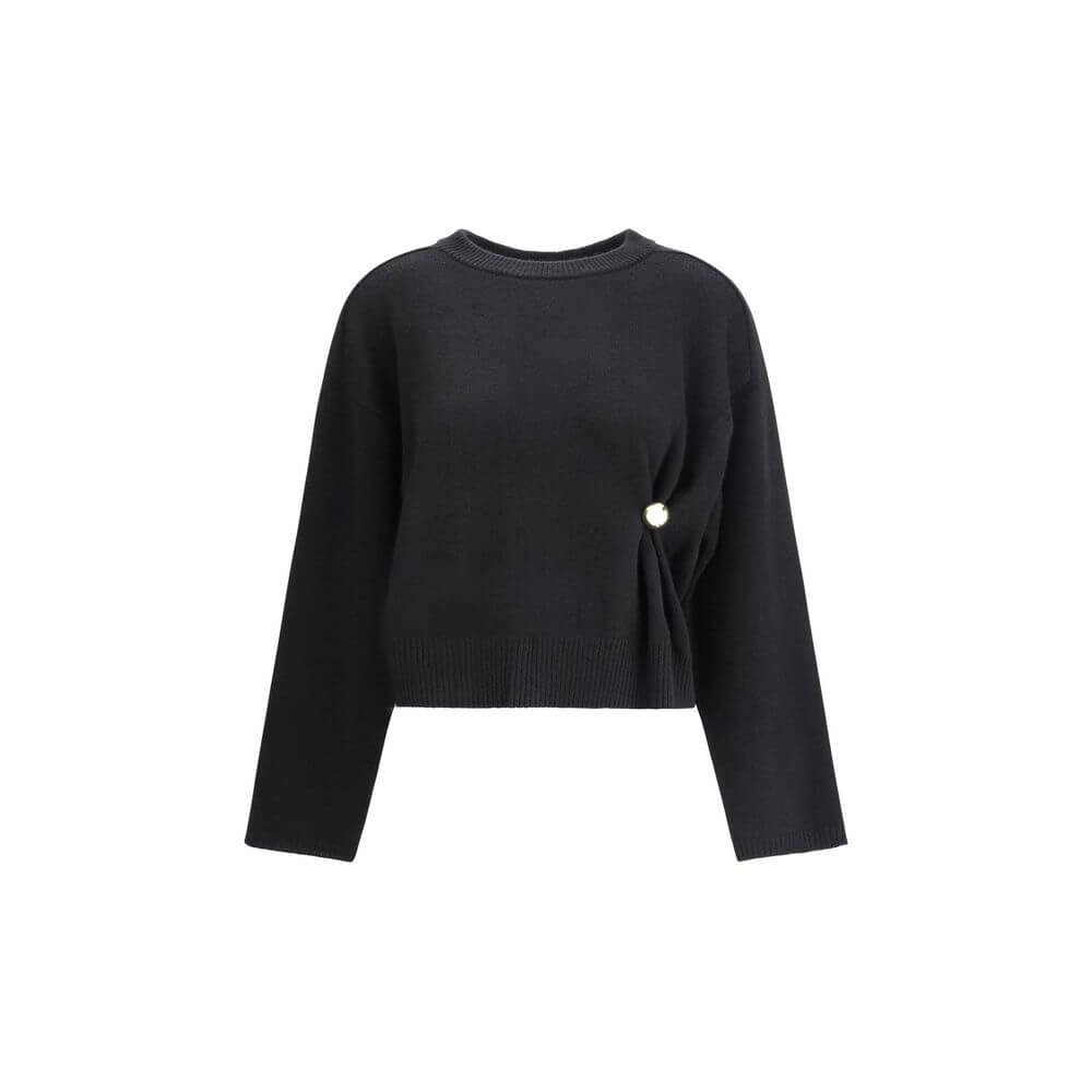Loulou De Saison Black Wool Sweatshirt with gold detail, crew neck, and long sleeves showcasing elegant draped design for AW25.