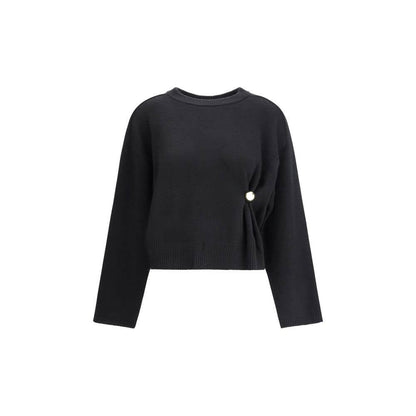 Loulou De Saison Black Wool Sweatshirt with gold detail, crew neck, and long sleeves showcasing elegant draped design for AW25.