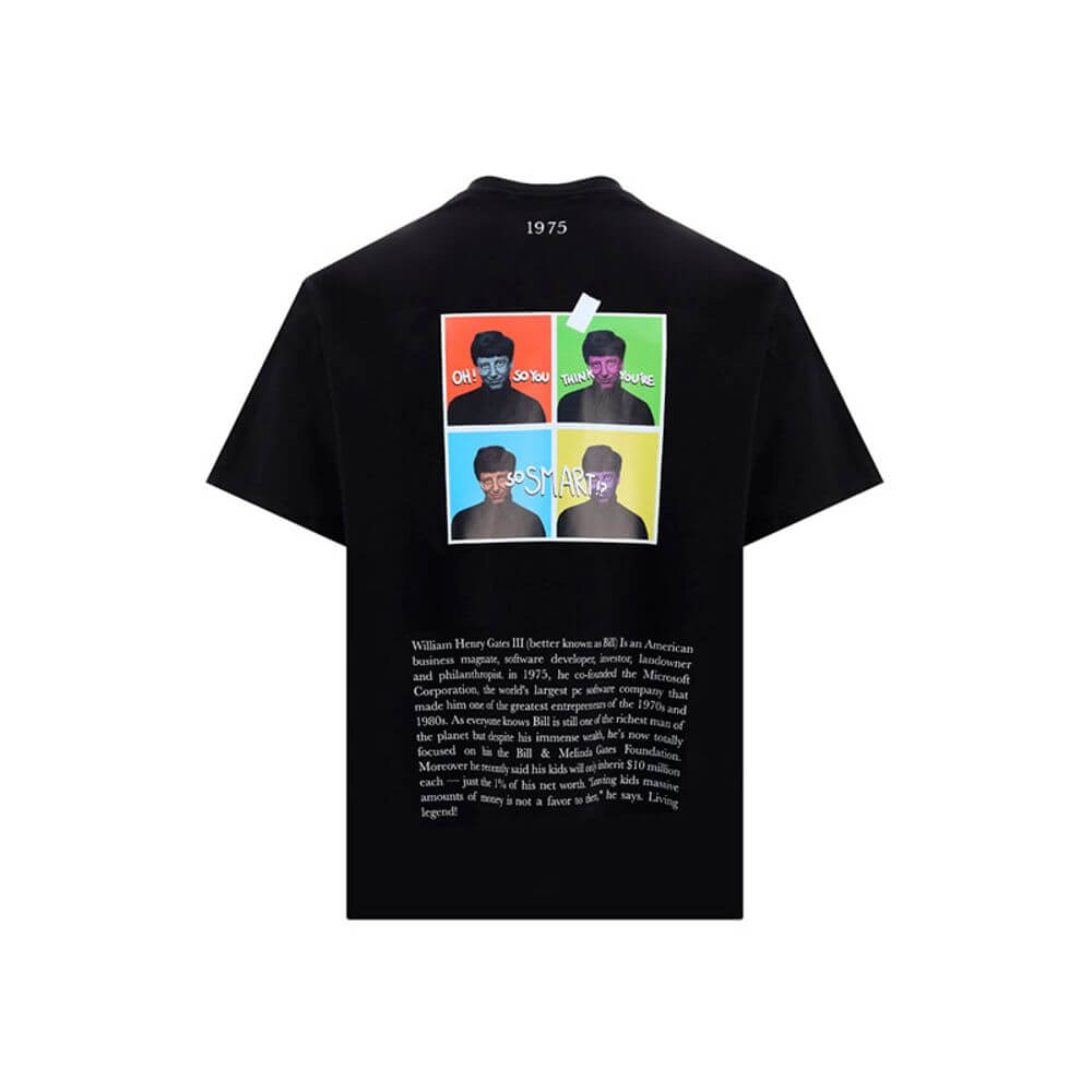 Black t-shirt with colorful graphic prints and text on the back, featuring four panels and styled for a modern and edgy look.