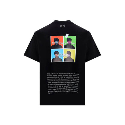 Black t-shirt with colorful graphic prints and text on the back, featuring four panels and styled for a modern and edgy look.