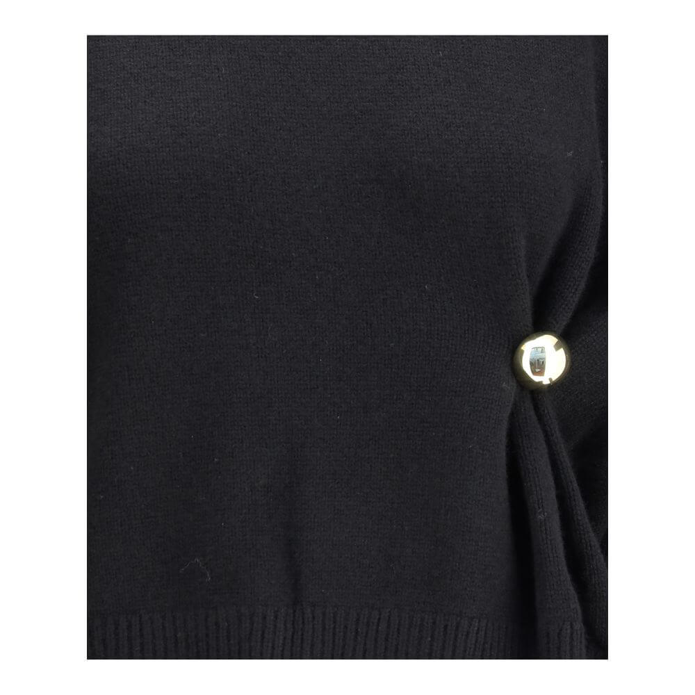 Loulou De Saison Black Wool Sweatshirt with gold detail draped effect, AW25 collection, 100% wool, elegant crew neck, regular fit.