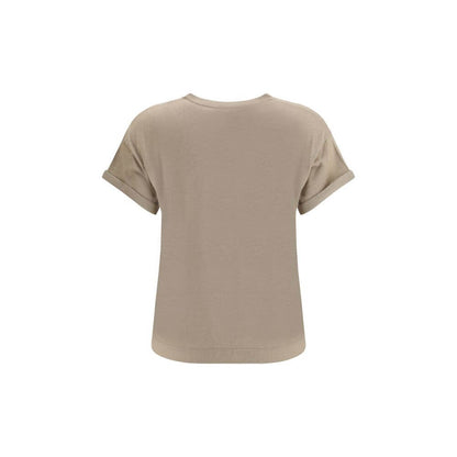 Back view of Brunello Cucinelli Beige Nylon T-Shirt with ribbed crew neck and monochrome design. Elegant and versatile for casual wear.