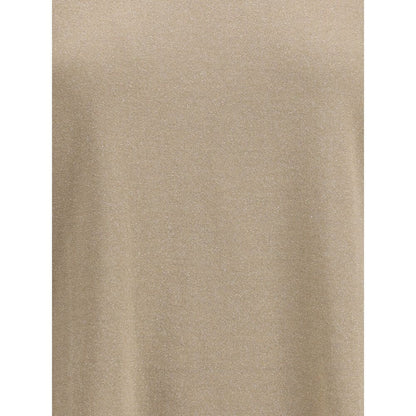 Elegant Brunello Cucinelli Beige Nylon T-Shirt with ribbed crew neck and glitter effect, perfect for luxurious casual wear.